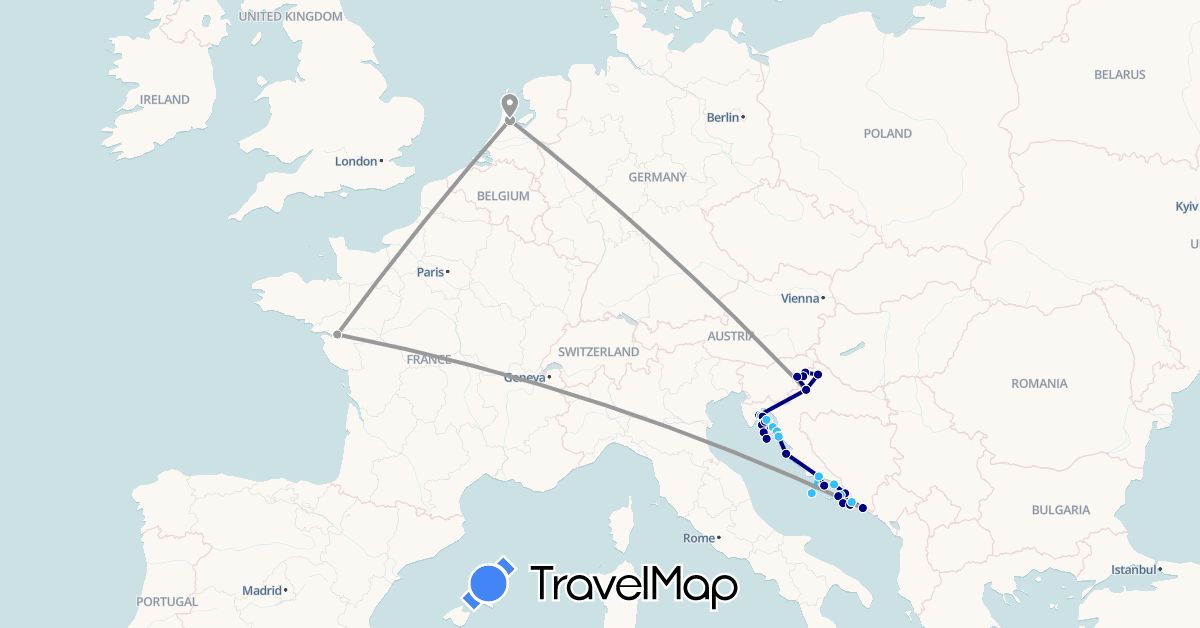 TravelMap itinerary: driving, plane, boat in France, Croatia, Netherlands (Europe)